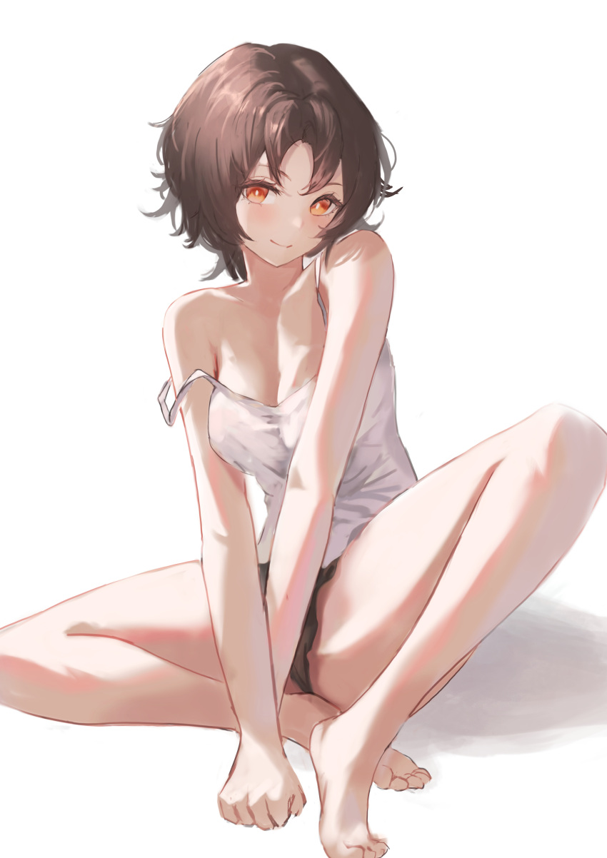 1girl, absurdres, ann_(enye5842), barefoot, breasts, brown_hair, camisole, closed_mouth, commission, earhart_(neural_cloud), full_body, girls'_frontline_neural_cloud, girls_frontline, highres, pixiv_commission, red_eyes, short_hair, sitting, smile, solo, toes, white_camisole