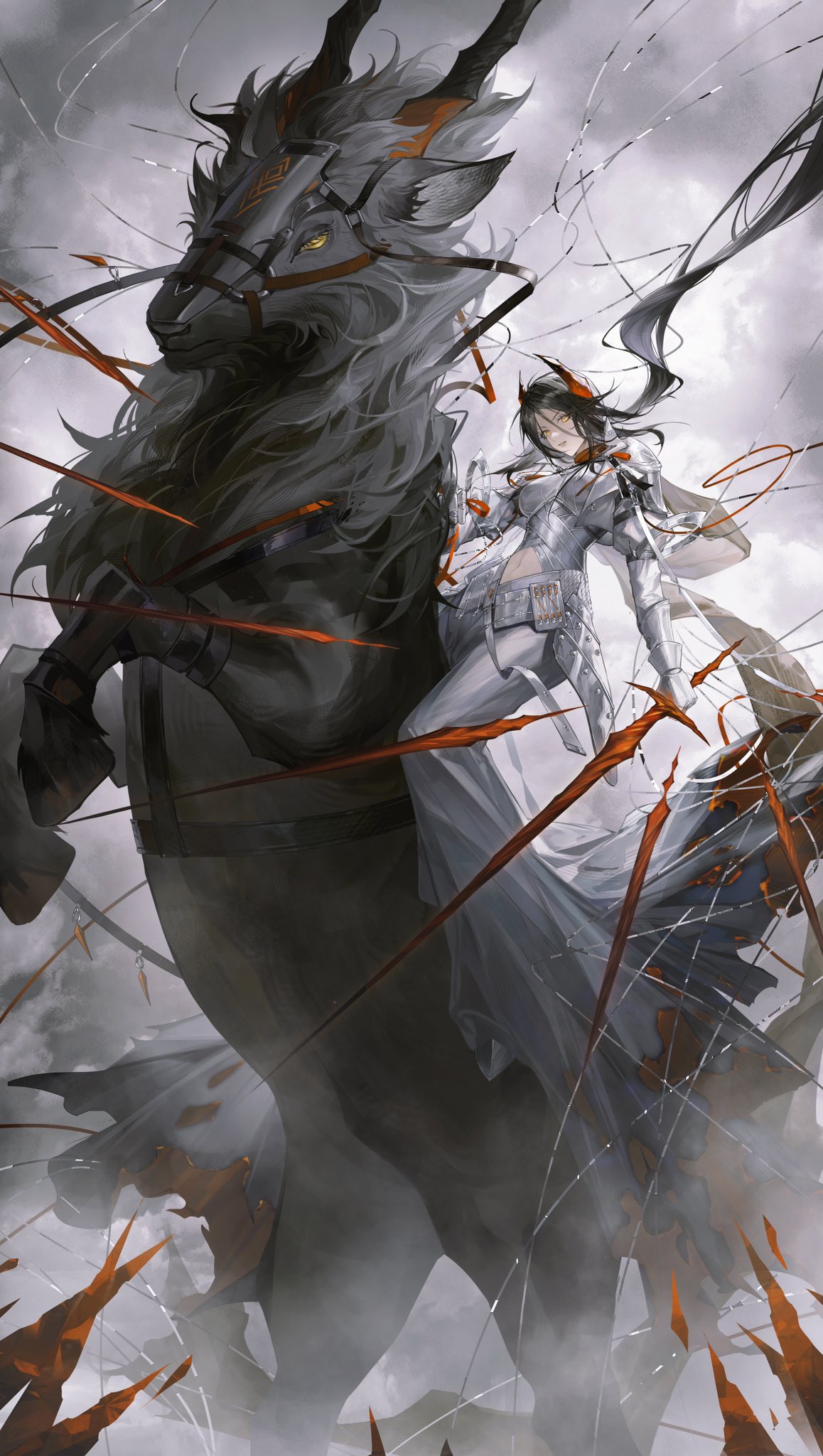 arknights, armor, black_hair, clothing_cutout, dress, floating, floating_hair, floating_object