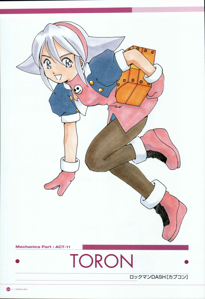 1girl, absurdres, ankle_boots, blue_sleeves, book, boots, breasts, brown_hair, character_name, collar, collared_jacket, copyright_name, cropped_jacket, dress, earrings, english_text, fujishima_kousuke, game_jin_partner, gloves, grey_eyes, hair_ornament, hair_slicked_back, hairband, highres, holding, holding_book, jacket, jewelry, leg_up, long_hair, looking_at_viewer, mega_man_(series), mega_man_legends_(series), moire, numbered, open_clothes, open_jacket, open_mouth, page_number, pantyhose, pink_dress, pink_footwear, pink_gloves, pink_hairband, puffy_sleeves, scan, short_dress, short_sleeves, sidelocks, skull_ornament, sleeveless, sleeveless_dress, solo, teeth, traditional_media, treasure_chest, tron_bonne_(mega_man), white_background, white_collar