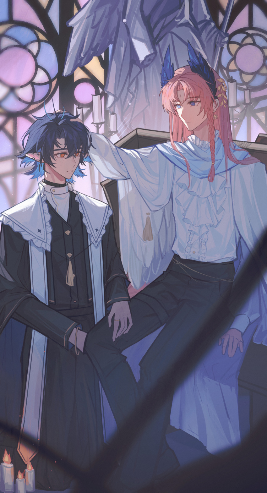 2boys, absurdres, alternate_costume, arknights, bieshi, black_cape, black_pants, blue_eyes