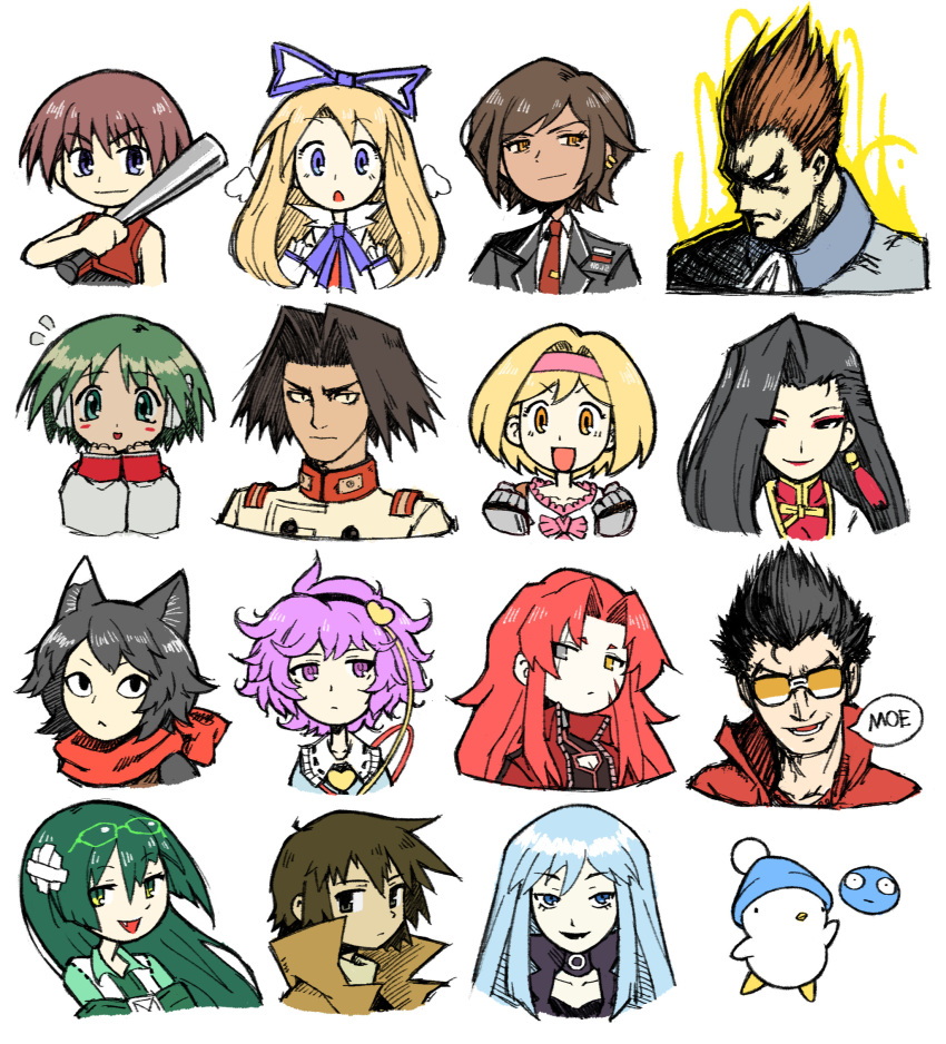 1other, 5boys, 6+girls, akatsuki_(vtuber), akatsuki_blitzkampf, angel, animal_ears, baseball_bat, black_hair, black_lagoon, blonde_hair, blue_eyes, blue_hair, cat_ears, cat_girl, demitri_maximoff, disgaea, dungeon_meshi, eyewear_on_head, flonne, gebura_(project_moon), granblue_fantasy, headband, hebereke, highres, higurashi_no_naku_koro_ni, holding, holding_baseball_bat, izutsumi, kino_no_tabi, limbus_company, lobotomy_corporation, long_hair, maebara_keiichi, multiple_boys, multiple_girls, nemissa, no_more_heroes, project_moon, shenhua, shin_megami_tensei, short_hair, smile, spdcooler, speech_bubble, sunglasses, to_heart, to_heart_(series), touhou, travis_touchdown, vampire_(game), white_background, wings, yellow_eyes