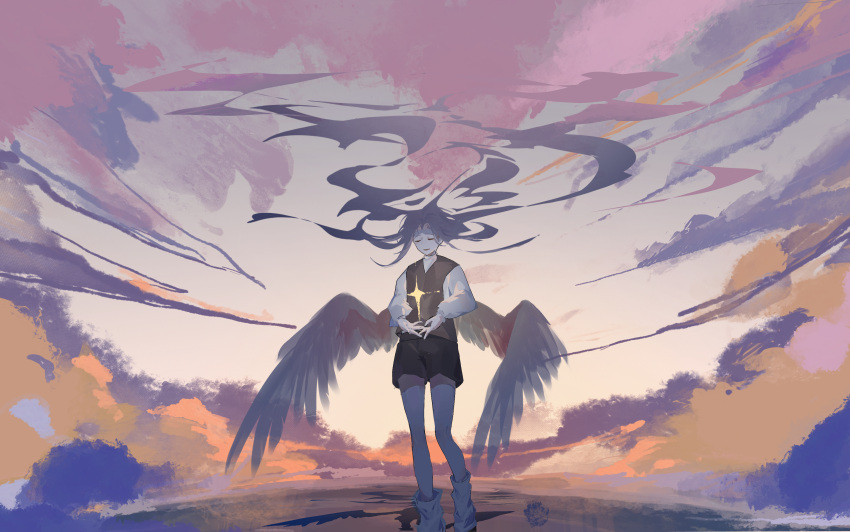1boy, 404notfind000, absurdres, black_shorts, black_vest, chinese_commentary, closed_eyes, commentary_request, feet_out_of_frame, floating_hair, hatsutori_hajime, highres, long_sleeves, low_wings, male_focus, open_mouth, saibou_shinkyoku, shorts, smile, solo, sparkle, sweater, turtleneck, turtleneck_sweater, twilight, vest, white_leg_warmers, white_sweater, wings