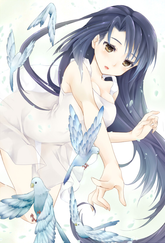 blue_hair, blush, brown_eyes, dress, kneeling, long_hair, mijinkouka, no_bra