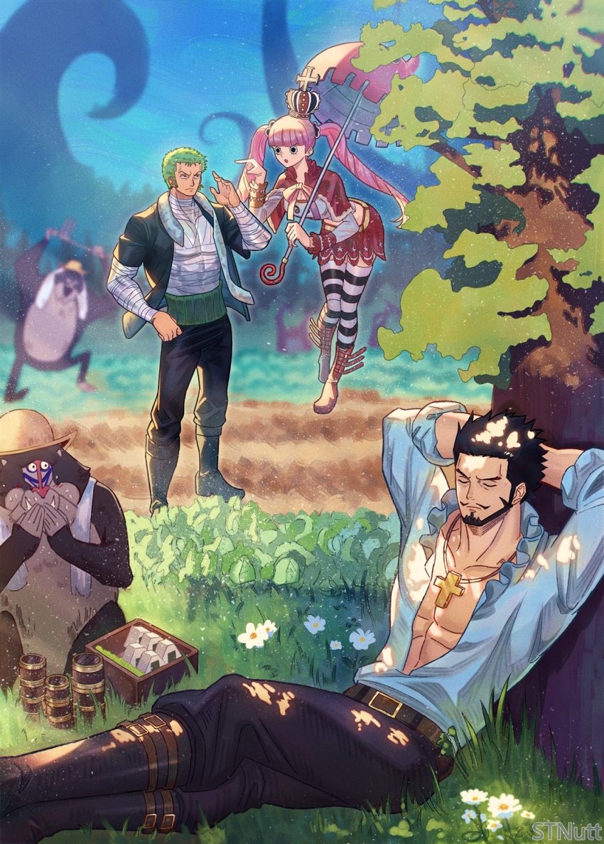 1girl, 2boys, animal, arms_behind_head, bandaged_arm, bandaged_torso, bandages, beard, belt, black_hair, blunt_bangs, capelet, cross_pendant, crown, daisy, dracule_mihawk, english_commentary, facial_hair, floating, flower, frilled_shirt, frills, full_body, green_hair, haramaki, hat, highres, holding, holding_umbrella, monkey, multiple_boys, one_piece, perona, pink_hair, red_capelet, roronoa_zoro, shirt, skirt, stnutt, straw_hat, twintails, umbrella