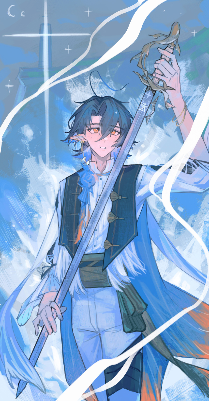 1boy, absurdres, ahoge, arknights, belt, bieshi, black_vest, blue_hair