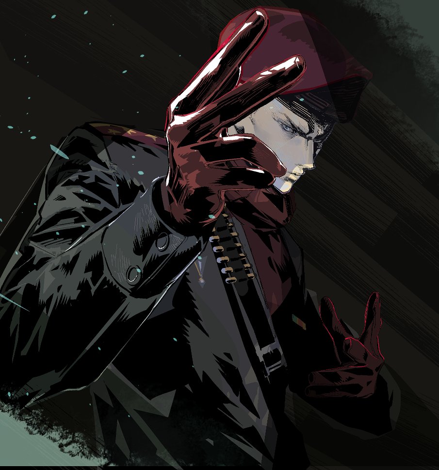 ammunition, beret, cofffee, glaring, gloves, hat, jacket, long_sleeves, looking_at_viewer, metal_gear_(series), metal_gear_solid_3:_snake_eater, military_hat, military_jacket, military_uniform, red_gloves, revolver_ocelot, serious, uniform