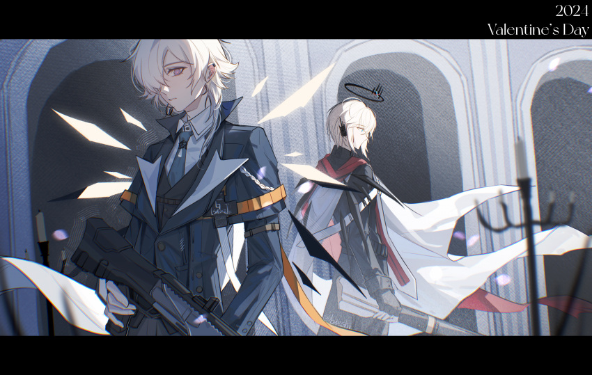 2boys, absurdres, arch, arknights, bieshi, black_gloves, black_jacket, black_vest
