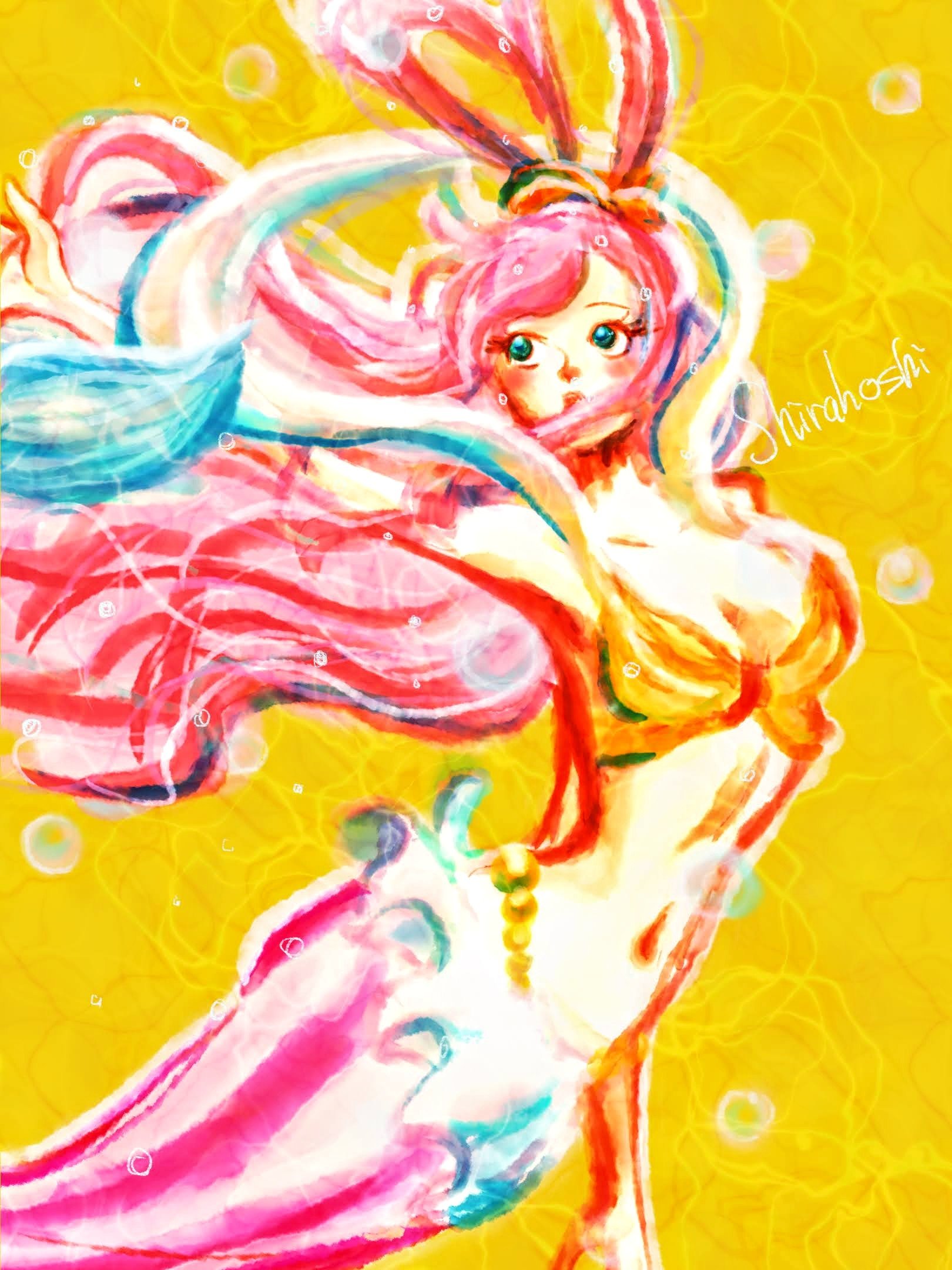 1girl, bikini, blue_eyes, bubble, character_name, fish_hair_ornament, hagoromo, hair_ornament