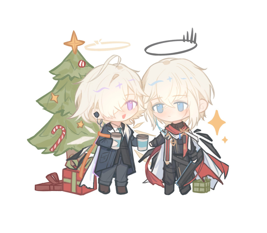 2boys, ahoge, arknights, bieshi, black_pants, blonde_hair, blue_eyes, blue_jacket