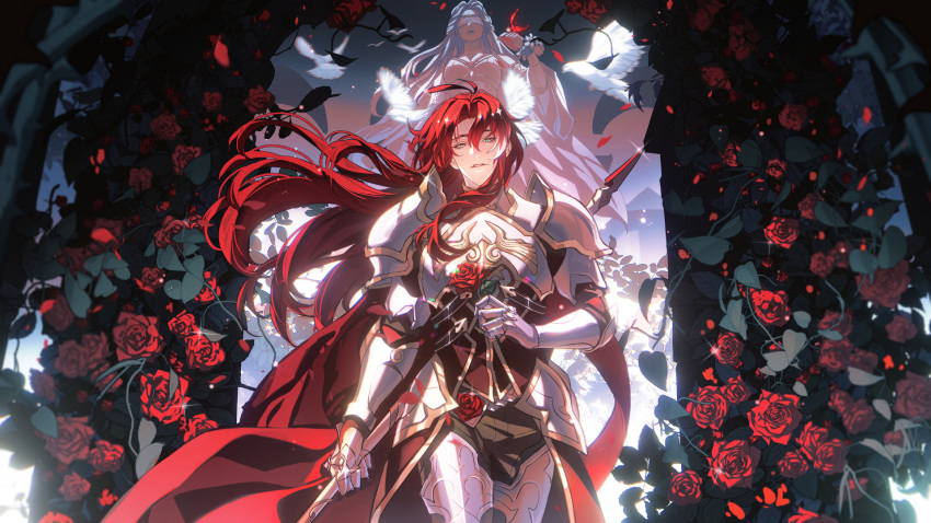 1boy, 1girl, antenna_hair, argenti_(honkai:_star_rail), armor, bird, bishounen, blindfold, breastplate, cape, cowboy_shot, expressionless, facing_viewer, faulds, floating_hair, flower, from_behind, gauntlets, glint, greaves, green_eyes, grey_hair, half-closed_eyes, highres, holding, holding_flower, holding_polearm, holding_weapon, honkai:_star_rail, honkai_(series), knight, leaf, long_hair, looking_at_viewer, male_focus, outdoors, polearm, red_cape, red_flower, red_rose, redhead, rose, second-party_source, sparkle, spear, standing, weapon, white_bird, wind, zhuowang233