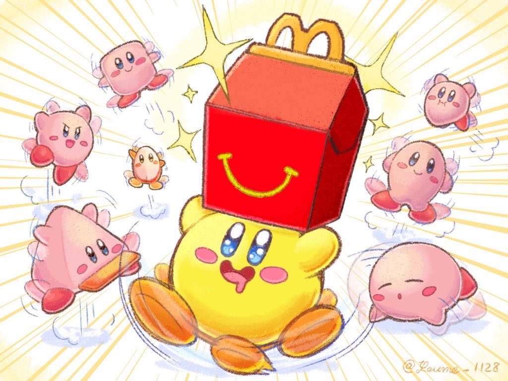 blush_stickers, closed_eyes, colored_skin, cone_mouth, drooling, happy_meal, kirby, kirby_(series)