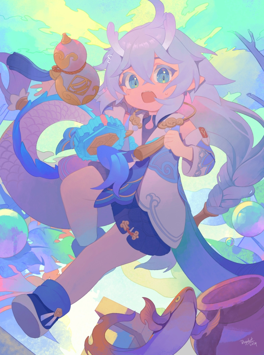 1girl, artist_name, bailu_(honkai:_star_rail), blue_eyes, blue_footwear, braid, bubble, clenched_hand