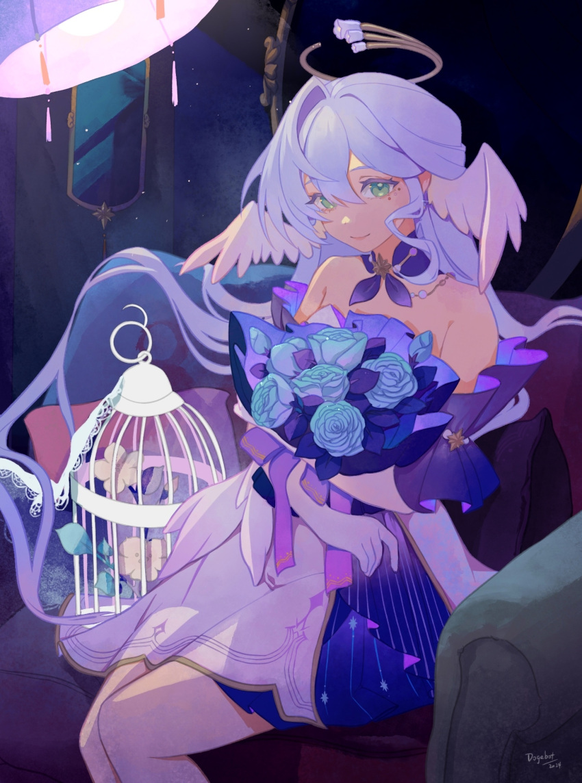 1girl, armchair, artist_name, bare_shoulders, birdcage, blue_dress, blue_flower, blue_rose, bouquet, cage, chair, detached_collar, detached_sleeves, dogebot, dress, elbow_gloves, feet_out_of_frame, flower, from_side, gloves, green_eyes, halo, head_wings, highres, holding, holding_bouquet, honkai:_star_rail, honkai_(series), indoors, leaf, long_hair, looking_at_viewer, marking_on_cheek, on_chair, purple_hair, robin_(honkai:_star_rail), rose, signature, single_hair_intake, sitting, smile, solo, white_gloves, wings