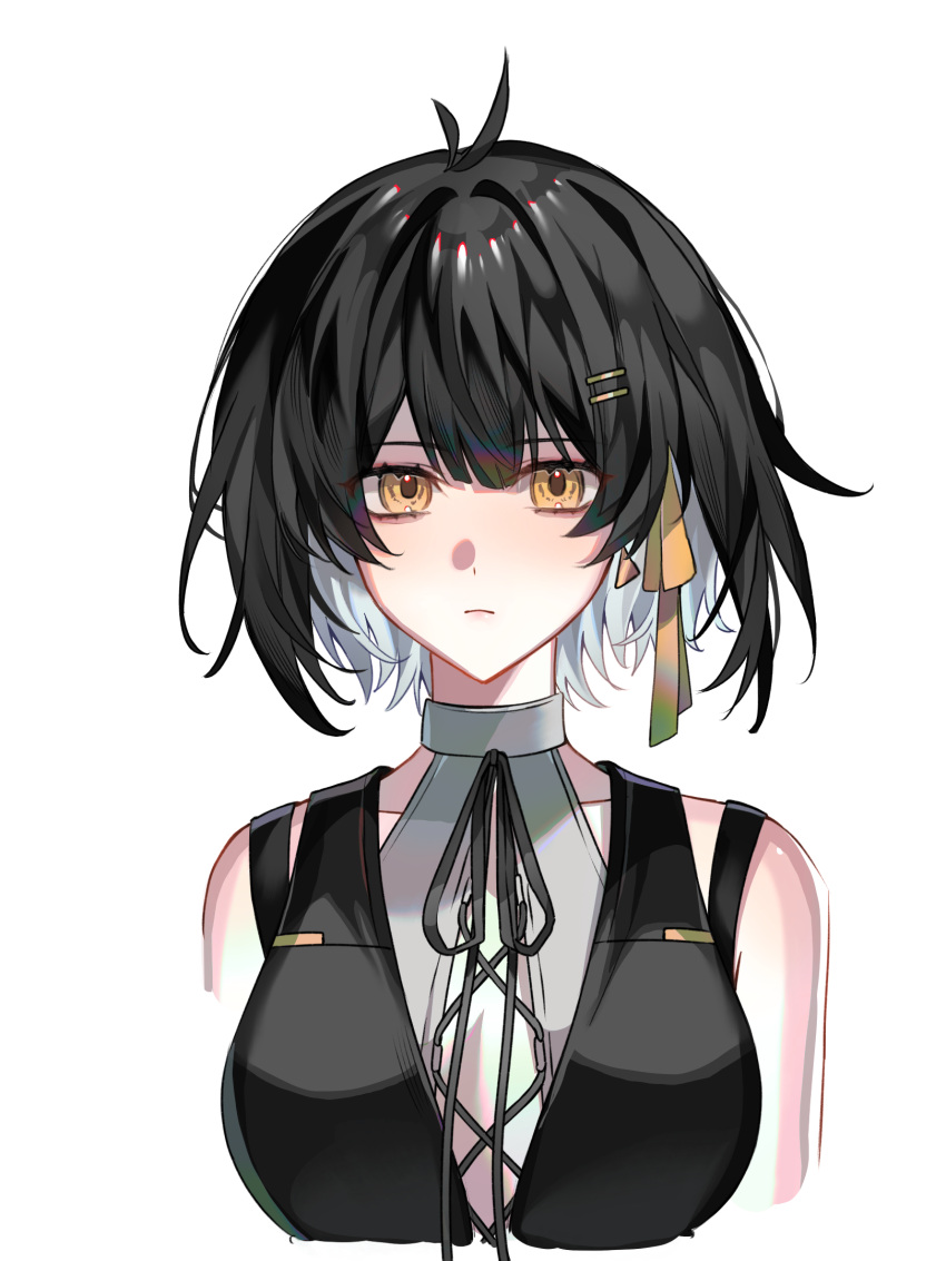 1girl, bare_arms, bare_shoulders, black_hair, black_ribbon, center-flap_bangs, colored_inner_hair, cowlick