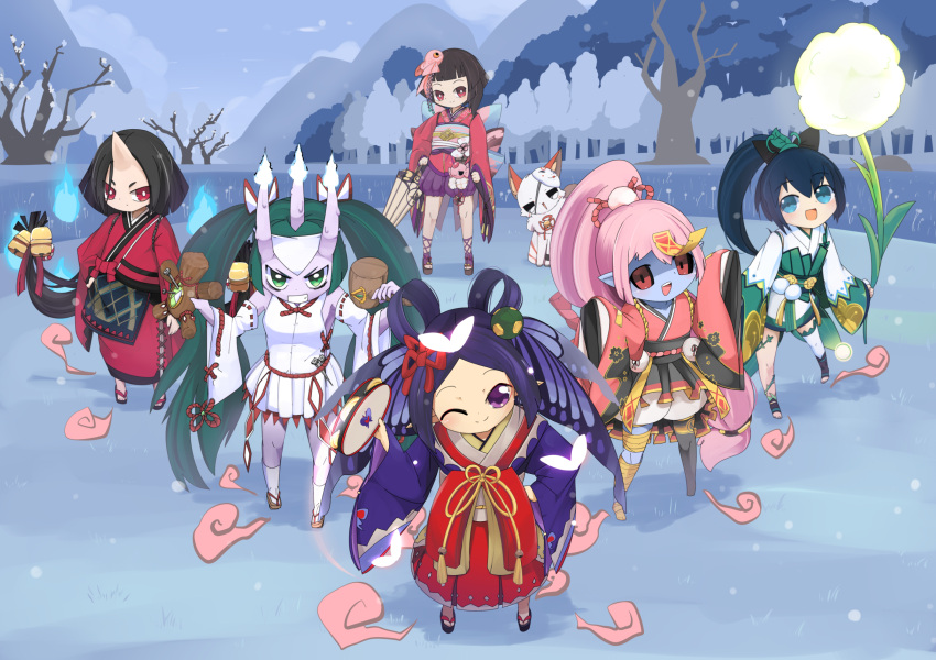 6+girls, :d, bare_tree, bell, black_bow, black_footwear, black_hair, black_sash