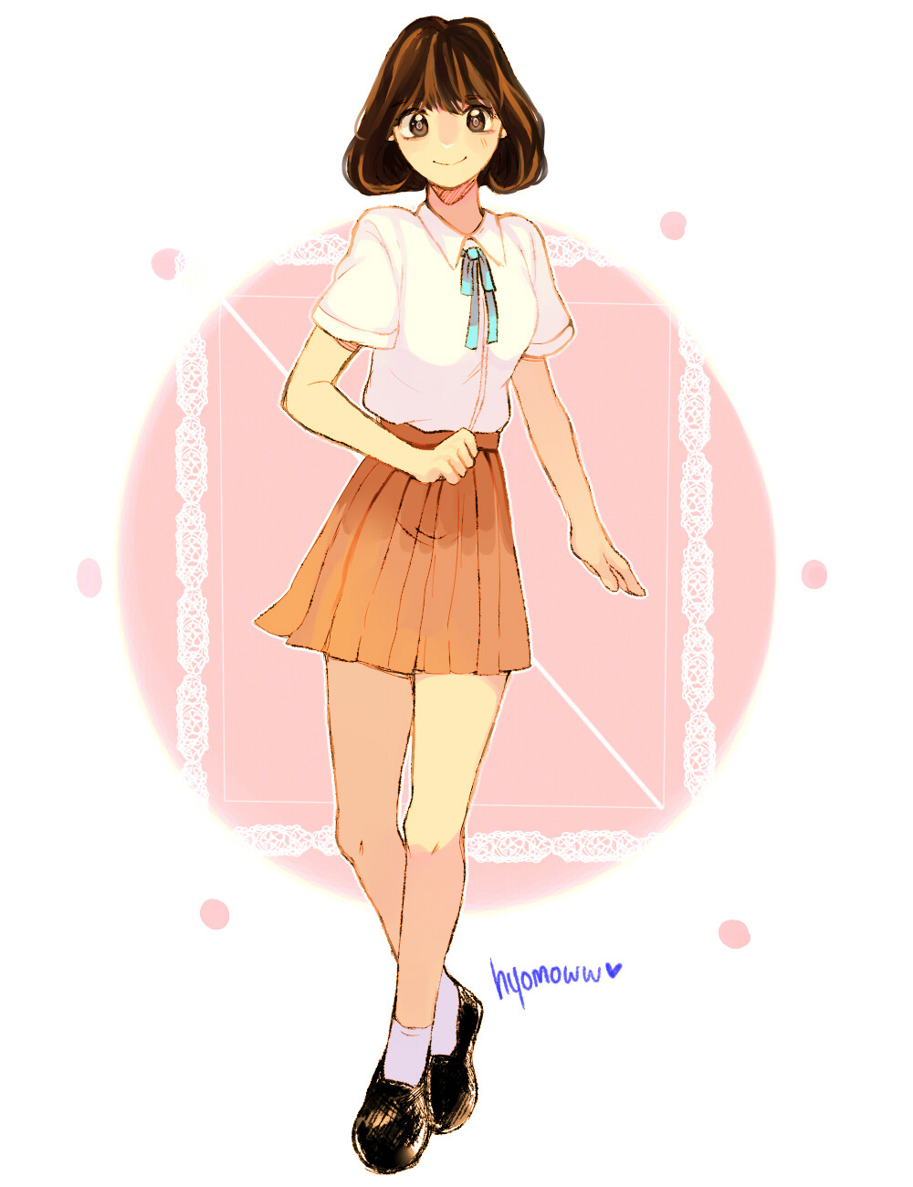 1girl, animification, artist_name, blue_ribbon, blunt_bangs, bob_cut, brown_eyes, brown_hair, circle, english_commentary, eunha_(gfriend), full_body, gfriend, highres, hyomoww, k-pop, looking_at_viewer, neck_ribbon, orange_skirt, real_life, ribbon, shirt, short_sleeves, skirt, smile, socks, solo, white_shirt, white_socks