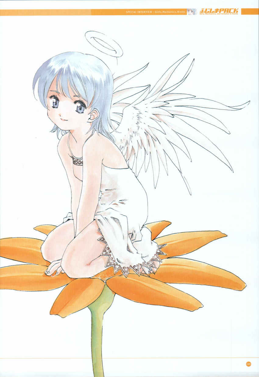 1girl, absurdres, between_legs, closed_mouth, dress, english_text, feathered_wings, flower