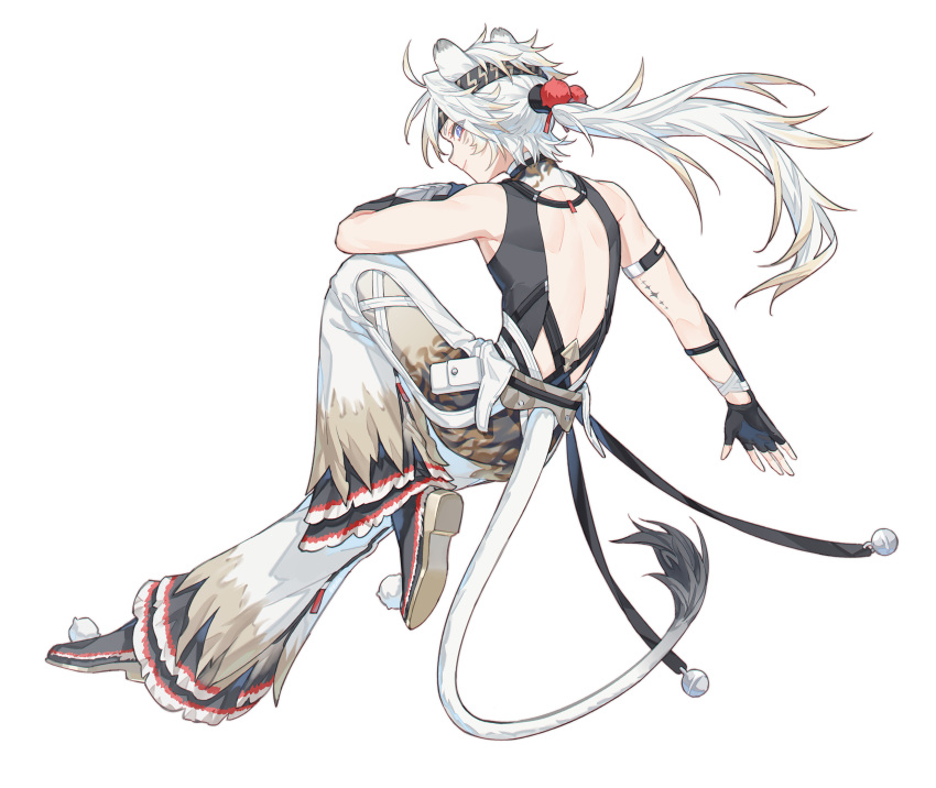 1boy, absurdres, anchun_(quail0503), animal_ears, bell, black_gloves, blonde_hair, blue_eyes, closed_mouth, fingerless_gloves, gloves, headband, highres, lingyang_(wuthering_waves), lion_boy, lion_ears, lion_tail, long_hair, male_focus, multicolored_hair, pants, pom_pom_(clothes), pouch, profile, shoes, simple_background, solo, tacet_mark_(wuthering_waves), tail, white_background, white_hair, wuthering_waves
