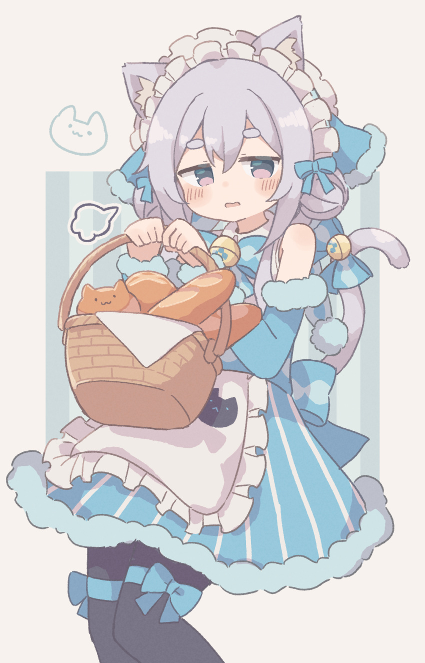 absurdres, animal_ears, apron, basket, bell, blue_dress, bread, cat_ears, cat_girl, cat_tail, colon_br, dress, food, grey_hair, highres, holding, holding_basket, maimai_(game), open_mouth, salt_(maimai), tail, tail_bell, tail_ornament, violet_eyes, white_apron