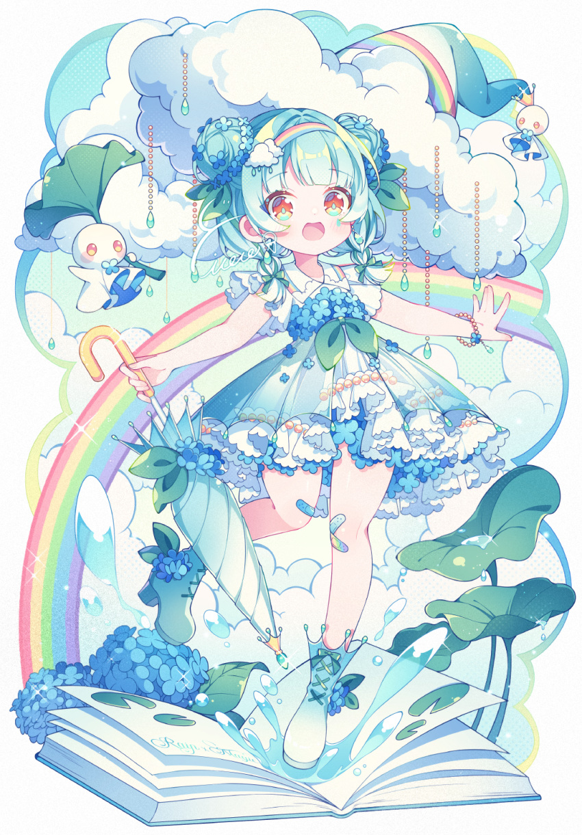 1girl, bandaid, bandaid_on_leg, book, boots, bow, braid, clouds, double_bun, dress, flower, frilled_dress, frills, full_body, hair_bun, hair_flower, hair_ornament, hairband, highres, holding, holding_umbrella, hydrangea, hyou_(pixiv3677917), jewelry, leaf, open_mouth, original, rain, rainbow, solo, standing, standing_on_one_leg, teruterubouzu, twin_braids, umbrella
