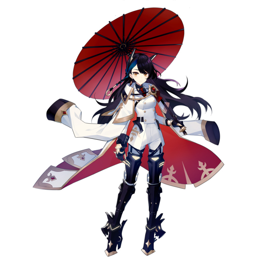 1girl, aiguillette, arm_at_side, armored_boots, artist_request, bernadette_(final_gear), black_collar, black_eyebrows