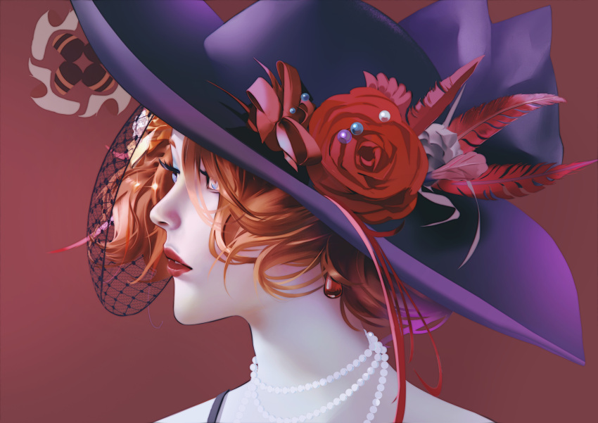 1girl, absurdres, earrings, flower, hat, hat_feather, hat_flower, highres, jewelry, lady_pearl_(path_to_nowhere), lipstick, listen2me, looking_to_the_side, makeup, necklace, path_to_nowhere, pearl_necklace, portrait, red_background, redhead, simple_background, solo