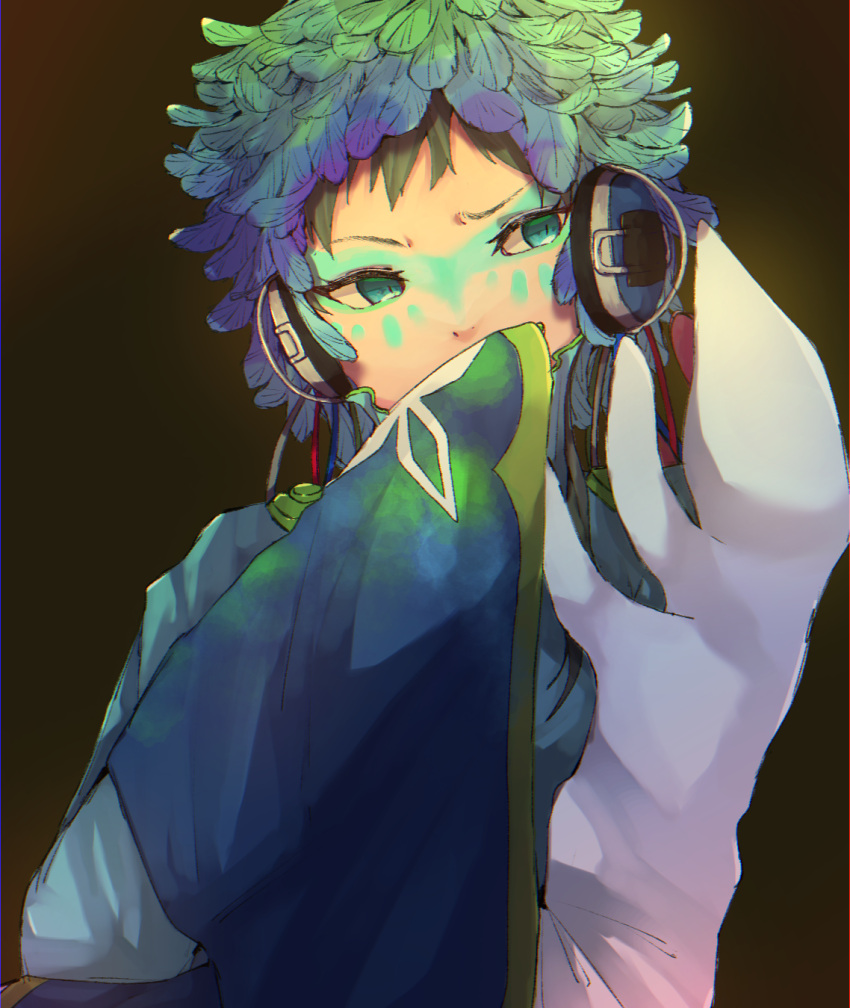 1other, androgynous, blue_eyes, dress, facepaint, facial_mark, feathers, forehead_mark