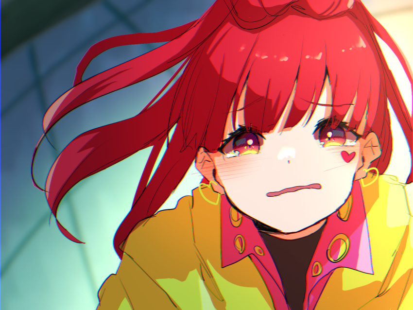 1girl, blunt_bangs, earrings, gnosia, heart, heart_earrings, heart_tattoo, high_ponytail