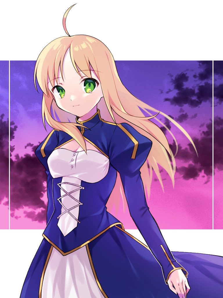1girl, ahoge, artoria_pendragon_(fate), blonde_hair, blue_dress, closed_mouth, clothing_cutout, clouds