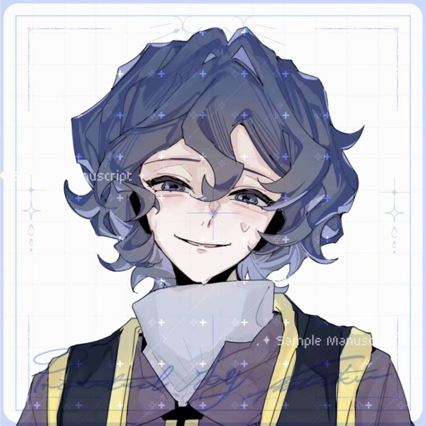 1boy, blue_eyes, blue_hair, chinese_commentary, chinsa, commentary_request, curly_hair, gold_trim, highres, hood, hood_down, hoodie, looking_at_viewer, male_focus, open_mouth, portrait, purple_hoodie, saibou_shinkyoku, sample_watermark, shirt, short_hair, smile, solo, stole, sweat, utsugi_noriyuki, watermark, white_shirt