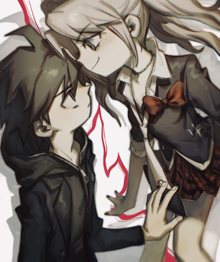 1boy, 1girl, bbbbbaasos, black_jacket, bow, brown_hair, choker, closed_mouth