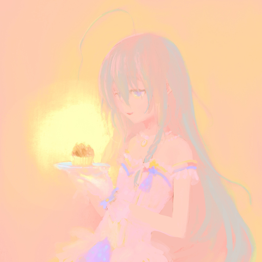 1girl, ahoge, arm_strap, bare_shoulders, dress, food, gloves, gradient_background, grey_eyes, grey_hair, hair_ribbon, half-closed_eyes, hands_up, highres, holding, holding_plate, hoshi_syoko, idolmaster, idolmaster_cinderella_girls, long_hair, looking_at_food, muffin, multicolored_hair, open_mouth, payama, pink_background, pink_dress, pink_gloves, pink_hair, plate, ribbon, smile, solo, strapless, strapless_dress, upper_body, very_long_hair, violet_eyes, yellow_background