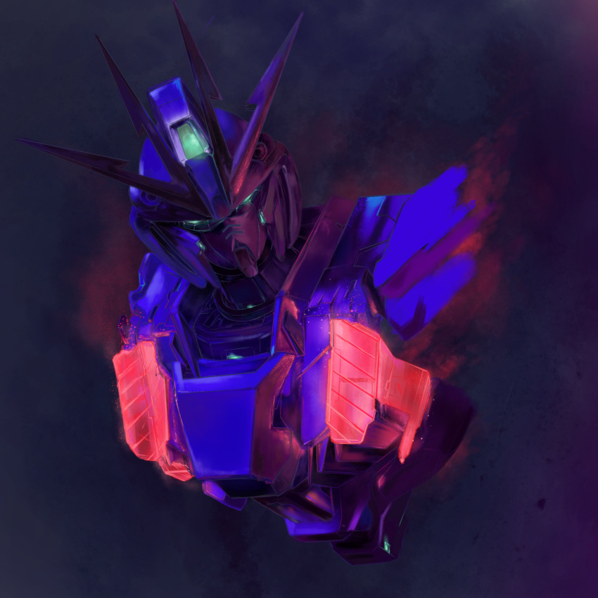 absurdres, afp1707, cropped_torso, glowing, glowing_eyes, green_eyes, gundam, gundam_narrative