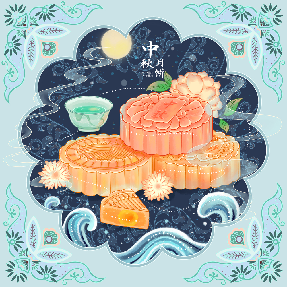 artist_name, blue_background, chinese_text, cup, english_text, flower, food, food_focus, leaf, mid-autumn_festival, mixed-language_text, moon, mooncake, no_humans, original, shuiyuebai, simple_background, still_life, tea, teacup