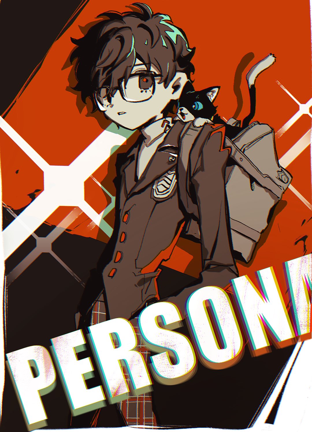 1boy, amamiya_ren, bag, bbbbbaasos, black_cat, black_eyes, black_hair, black_jacket