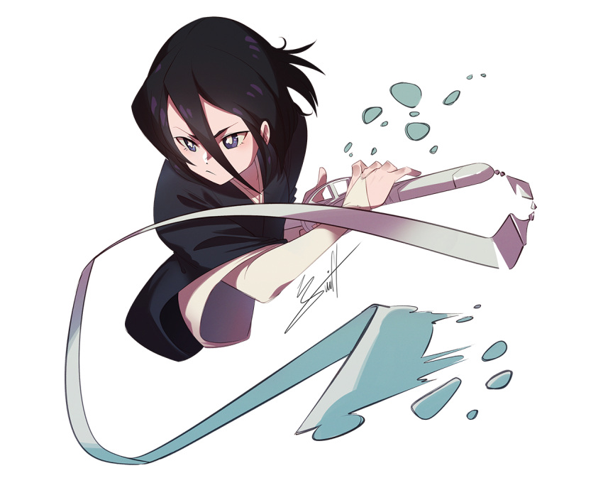 1girl, black_hair, black_kimono, bleach, cheesecakes_by_lynx, closed_mouth, cropped_torso, english_commentary
