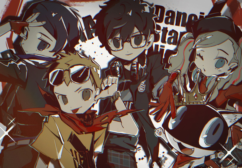 1girl, 3boys, amamiya_ren, bbbbbaasos, black_eyes, black_hair, black_jacket, blonde_hair