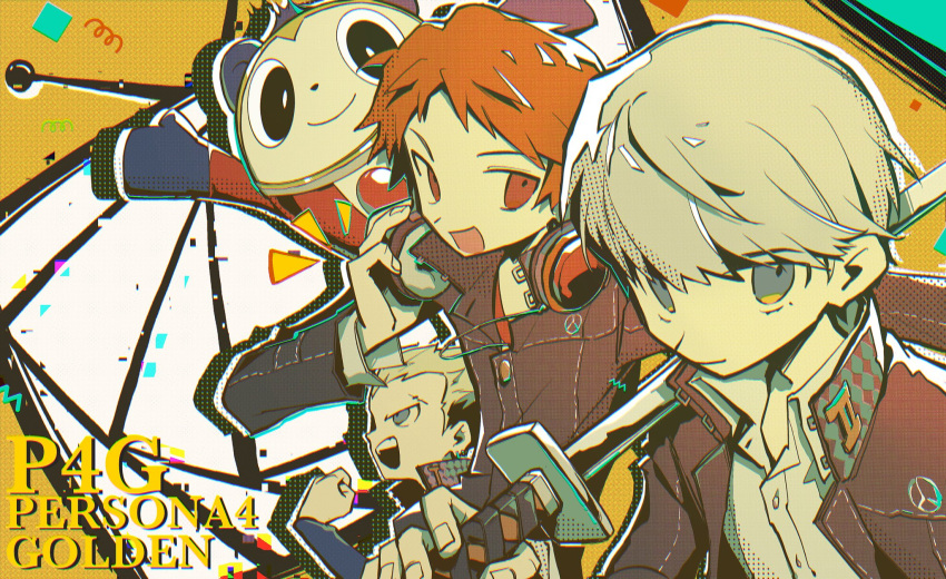 3boys, bbbbbaasos, black_jacket, blonde_hair, brown_eyes, brown_hair, clenched_hand, closed_mouth