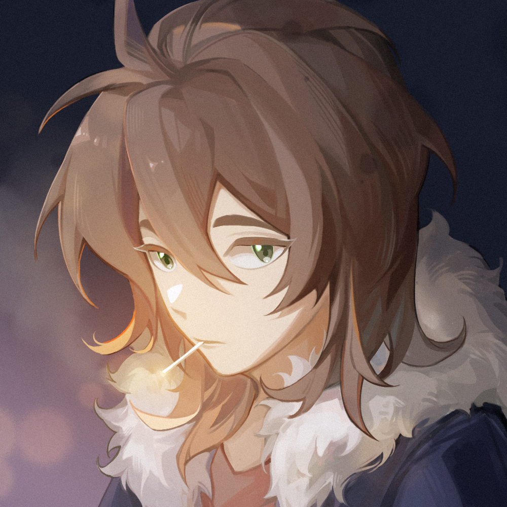 1boy, blue_jacket, brown_hair, chinese_commentary, cigarette, commentary_request, film_grain, fur-trimmed_jacket, fur_trim, green_eyes, hair_between_eyes, isoi_reiji, jacket, lizi_hua_guaishou, male_focus, open_clothes, open_jacket, portrait, red_shirt, saibou_shinkyoku, shirt, short_hair, solo