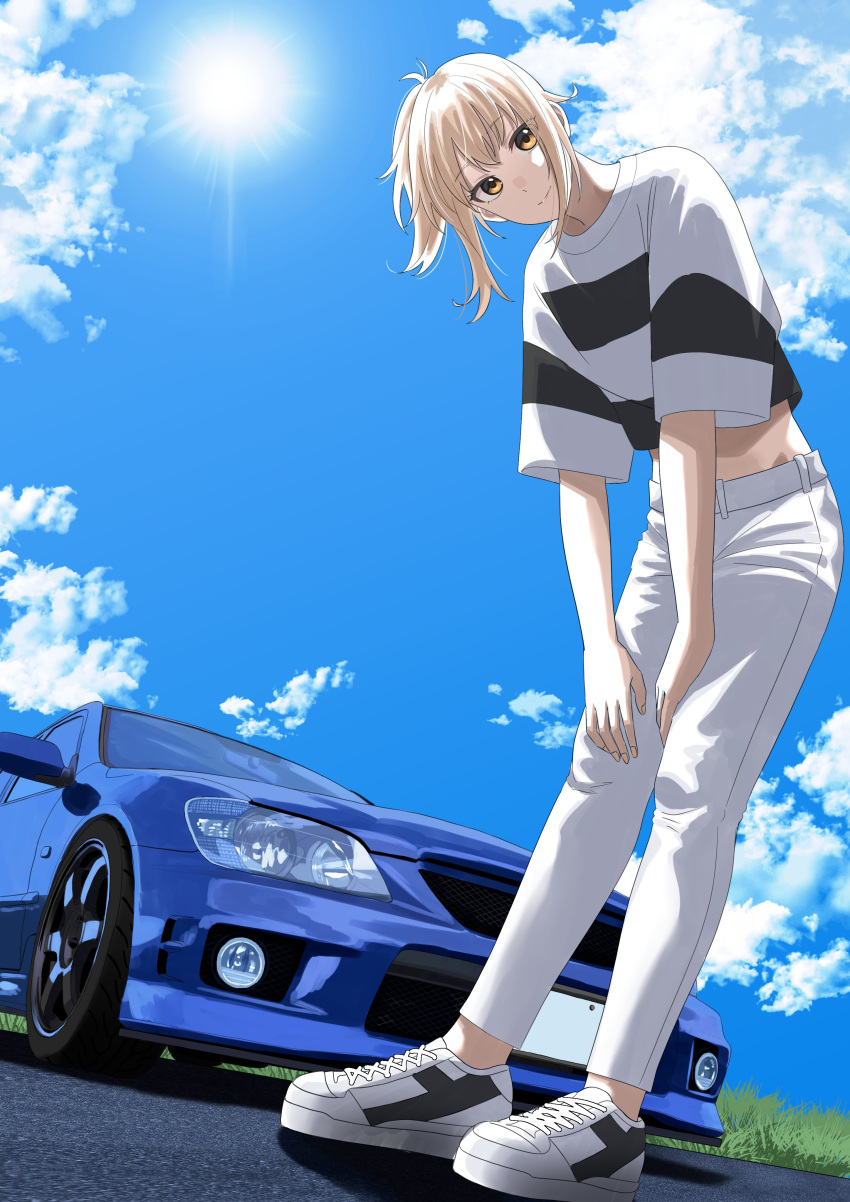1girl, absurdres, black_shirt, blonde_hair, blue_sky, car, commentary_request, from_below
