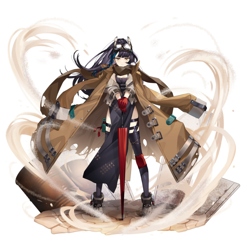 1girl, barrel, belt, belt_buckle, bernadette_(final_gear), black_belt, black_dress, black_hair, black_straps, blue_hair, blunt_bangs, braid, brown_coat, brown_collar, brown_scarf, brown_sleeves, brown_stripes, buckle, closed_mouth, coat, collar, collared_coat, collared_jacket, cropped_jacket, cross-laced_straps, dress, english_commentary, final_gear, frown, full_body, gloves, goggles, goggles_on_head, green_pouch, grey_belt, hair_ornament, half_updo, high_ponytail, highres, holding, holding_umbrella, jacket, knee_pads, long_hair, looking_at_viewer, low-braided_long_hair, low-tied_long_hair, official_art, outdoors, pelvic_curtain, ponytail, pouch, red_gloves, red_umbrella, sand, scarf, serious, side_braid, simple_background, single_knee_pad, single_sidelock, single_vertical_stripe, sleeve_cuffs, sleeve_cuffs_belt, solo, stone_floor, striped_coat, tachi-e, thigh_pouch, thigh_strap, third-party_source, torn_clothes, torn_coat, torn_jacket, torn_scarf, two-tone_footwear, umbrella, user_uesv7482, vertical-striped_coat, very_long_hair, white_background, white_collar, white_jacket, white_sleeve_cuffs, wind, yellow_eyes