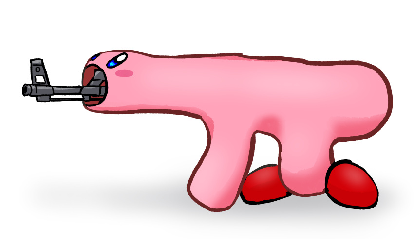 ak-47, assault_rifle, blush_stickers, colored_skin, gun, highres, kalashnikov_rifle, kirby