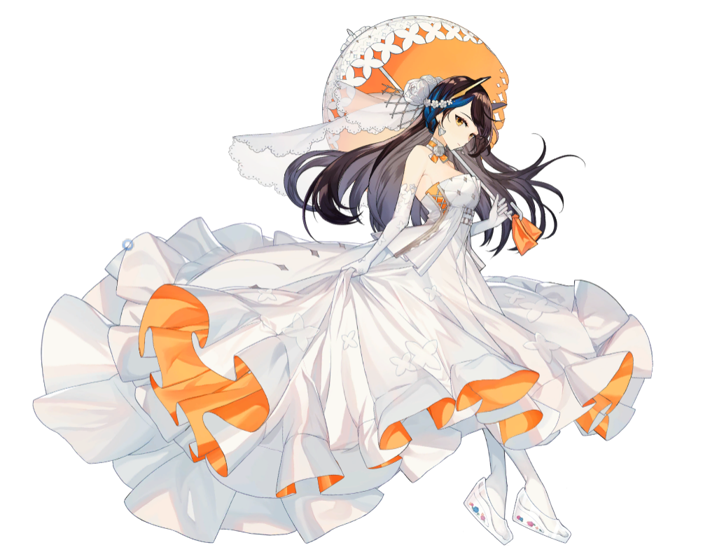 1girl, alternate_costume, alternate_hairstyle, artist_request, bare_shoulders, bernadette_(final_gear), black_eyebrows, black_hair, blue_hair, braid, cross-laced_clothes, cross-laced_dress, dress, earrings, elbow_gloves, eyelashes, final_gear, floral_print_gloves, flower, full_body, gloves, hair_flower, hair_ornament, high_heels, holding, holding_clothes, holding_dress, holding_umbrella, jewelry, lace-trimmed_veil, lace_trim, long_hair, multicolored_hair, official_art, orange_ribbon, platform_footwear, ribbon, rose, see-through, see-through_footwear, see-through_veil, side_braid, simple_background, socks, solo, strapless, striped_choker, tachi-e, third-party_source, two-tone_hair, two-tone_ribbon, two-tone_umbrella, umbrella, veil, wedding_dress, wedge_heels, white_background, white_flower, white_gloves, white_rose, white_socks, white_umbrella, white_veil, yellow_eyes
