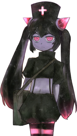 1girl, bag, black_hair, black_shirt, black_thighhighs, bmp-to-png_conversion, chrome_(mon-musu_quest!), closed_mouth