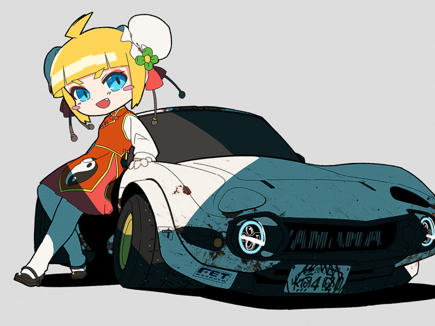 1girl, black_footwear, blonde_hair, blue_eyes, blush, bun_cover, car, commission