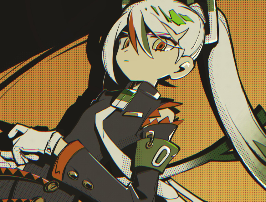 1girl, armband, bbbbbaasos, black_coat, coat, detached_sleeves, fighting_miku_(project_voltage), gloves