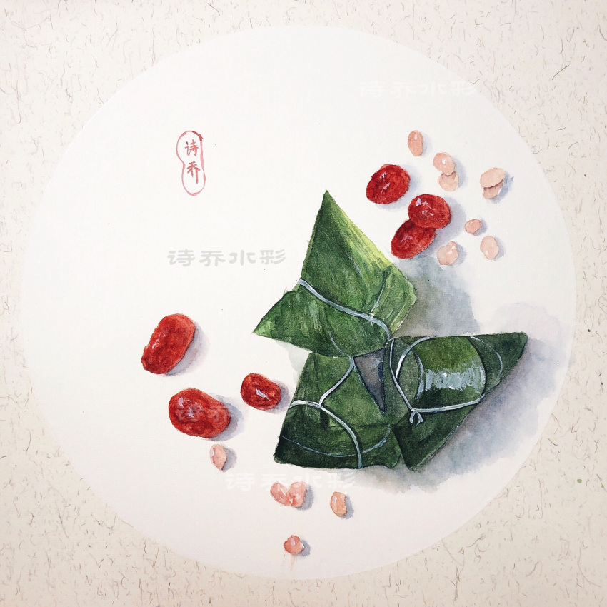 chinese_text, dragon_boat_festival, food, food_focus, highres, no_humans, original, painting_(medium), peanut, red_bean, shiqiao_shuicai, simple_background, still_life, traditional_media, watercolor_(medium), zongzi