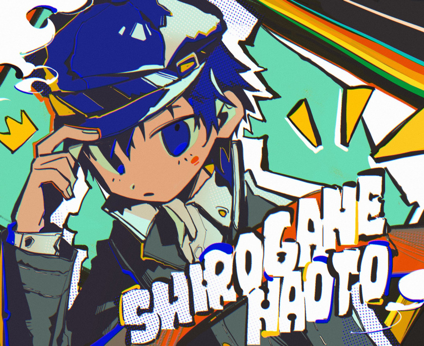 1girl, bbbbbaasos, black_jacket, blue_eyes, blue_hair, blue_hat, character_name, crown_(symbol)