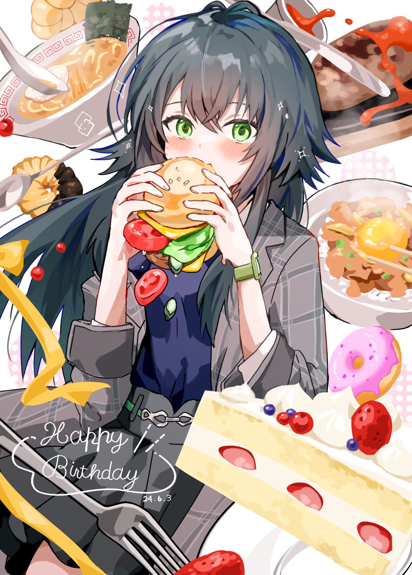 1girl, birthday, blue_shirt, bowl, burger, cake, coat, commentary_request, dated, doughnut, food, fork, gakuen_idolmaster, green_eyes, green_hair, grey_coat, grey_skirt, gyuudon, hamburger_steak, happy_birthday, highres, holding, holding_food, idolmaster, long_hair, looking_at_viewer, mayoiinu, noodles, ramen, shirt, skirt, solo, spoon, strawberry_shortcake, tsukimura_temari, watch, watch