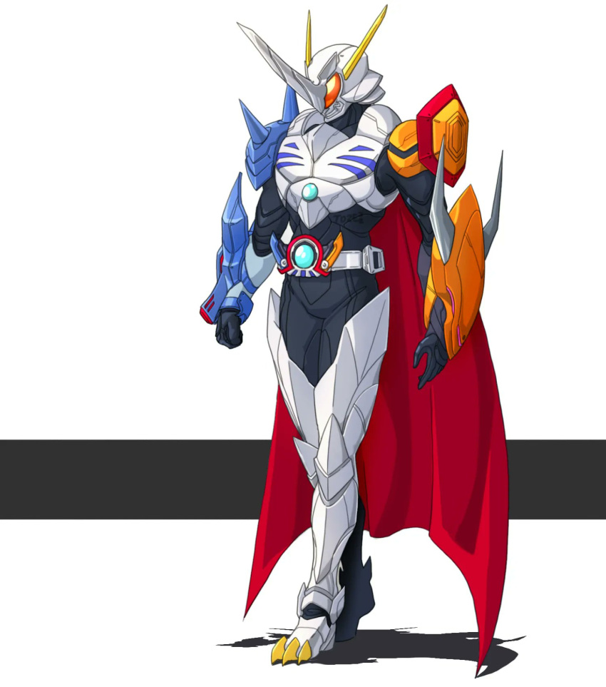 1boy, armor, belt, blue_bridal_gauntlets, bodysuit, cape, compound_eyes, digimon, digimon_adventure, digimon_adventure:_bokura_no_war_game, digimon_chronicle, gloves, helmet, highres, horns, kamen_rider, omegamon, orange_bridal_gauntlets, orange_eyes, red_cape, rider_belt, shoulder_armor, solo, spikes, to_ze, tokusatsu, white_armor, white_cape